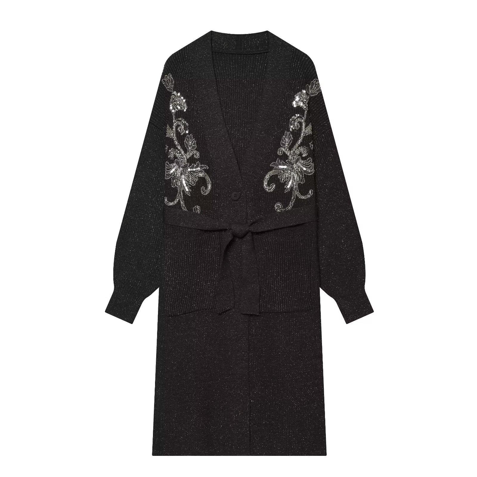 European and American style, new women s clothing, foreign style, fashionable style, heavy industry beaded embroidered sequined knitted cardigan S чёрный