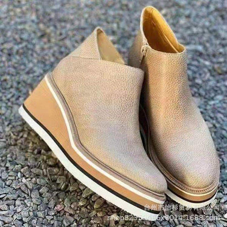 Large Size Slope Heel Short Boots Women's Autumn and Winter New European and American Flat Bottom Side Zipper Round Head Solid Color Bare Boots