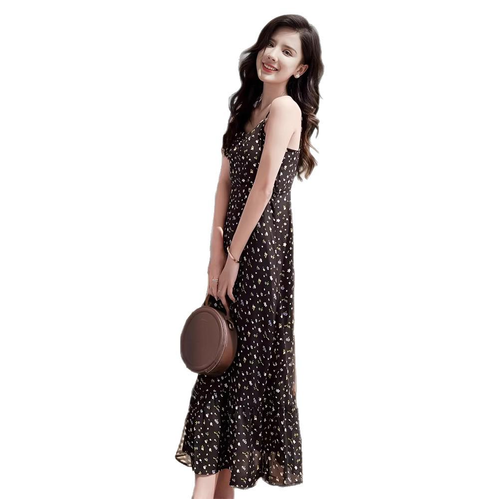 2026 Summer Floral Print Black Midi Camisole Dress - Women's Beach Vacation Wear