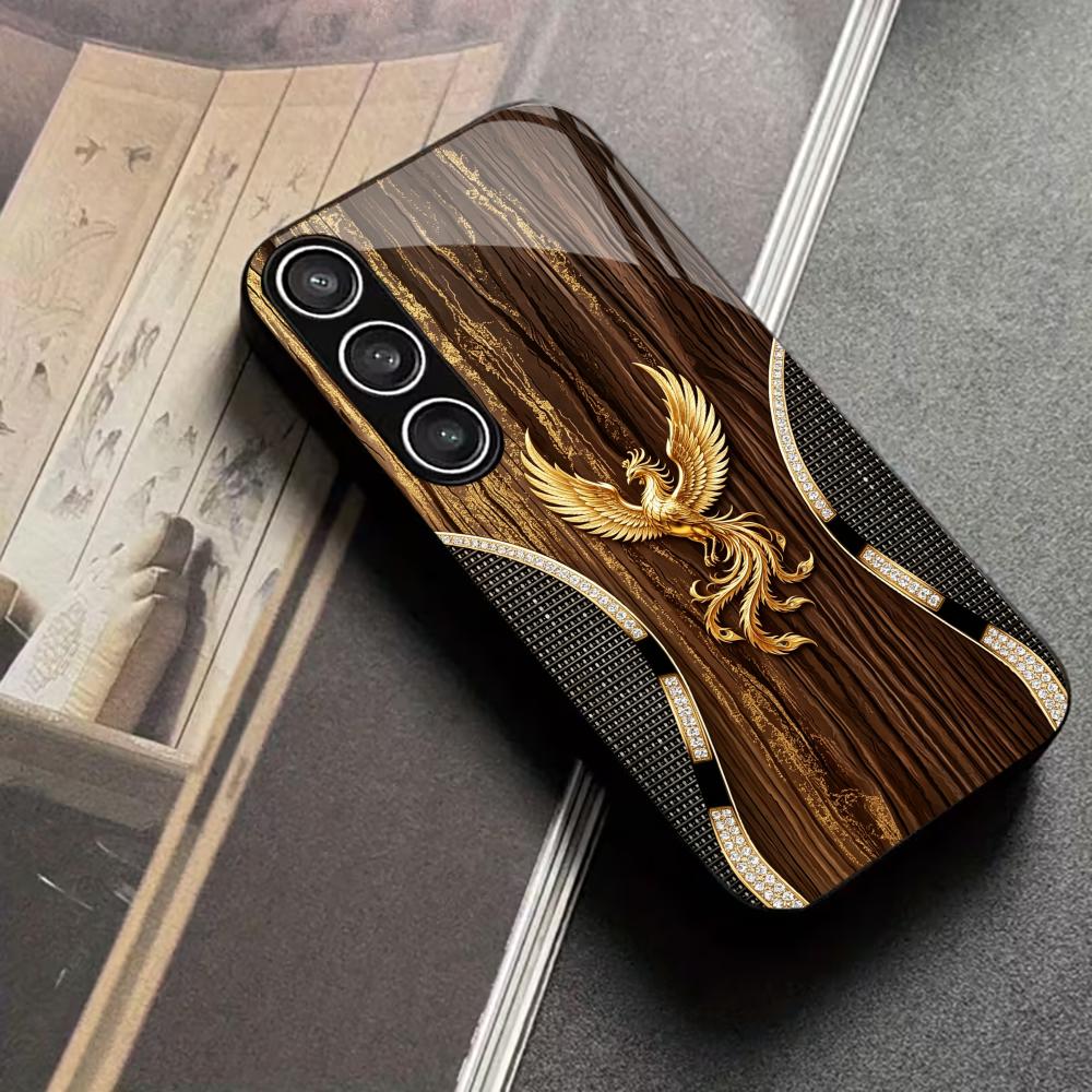 Wood Grain Golden Phoenix phone case glass s26 ultra case s25 ultra case for Samsung Galaxy S26 S25 S24 S23 S22 FE Ultra Plus