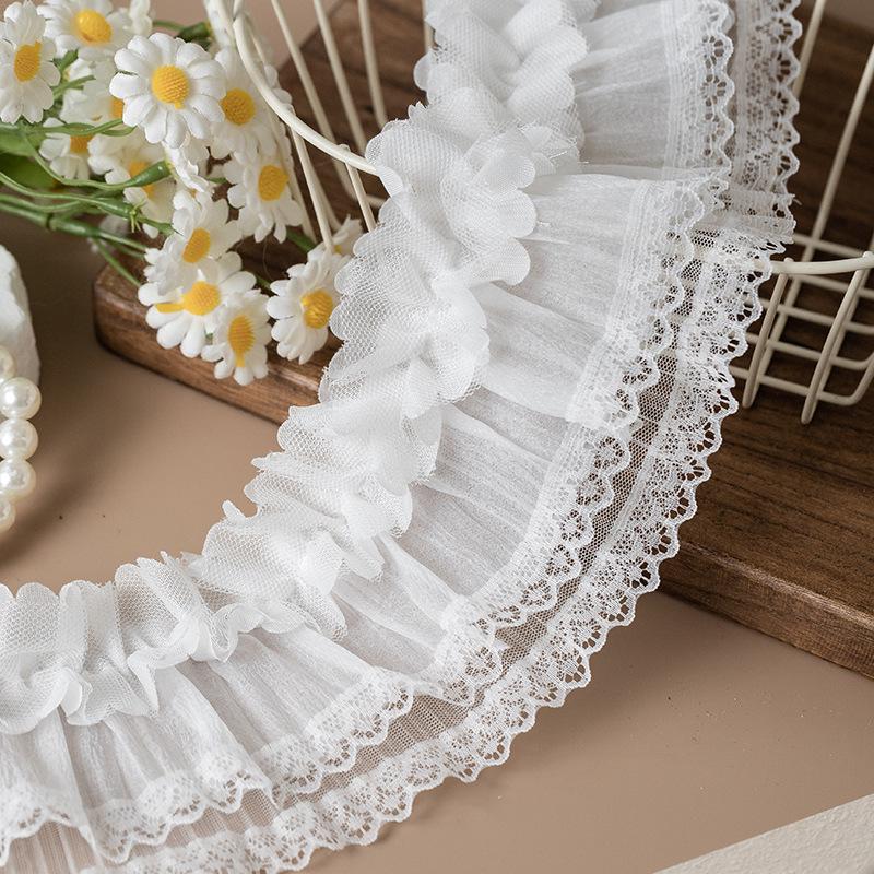 7.5cm Black & White Double-Layer Pleated Chiffon Lace Trim for Neckline, Cuff, and Hem Decoration.