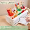 Wooden Tabletop Paper Roll Dispenser with Roll Pencil Cups Craft Art Paper Roll Holder for Kids Desktop Easel Drawing Painting