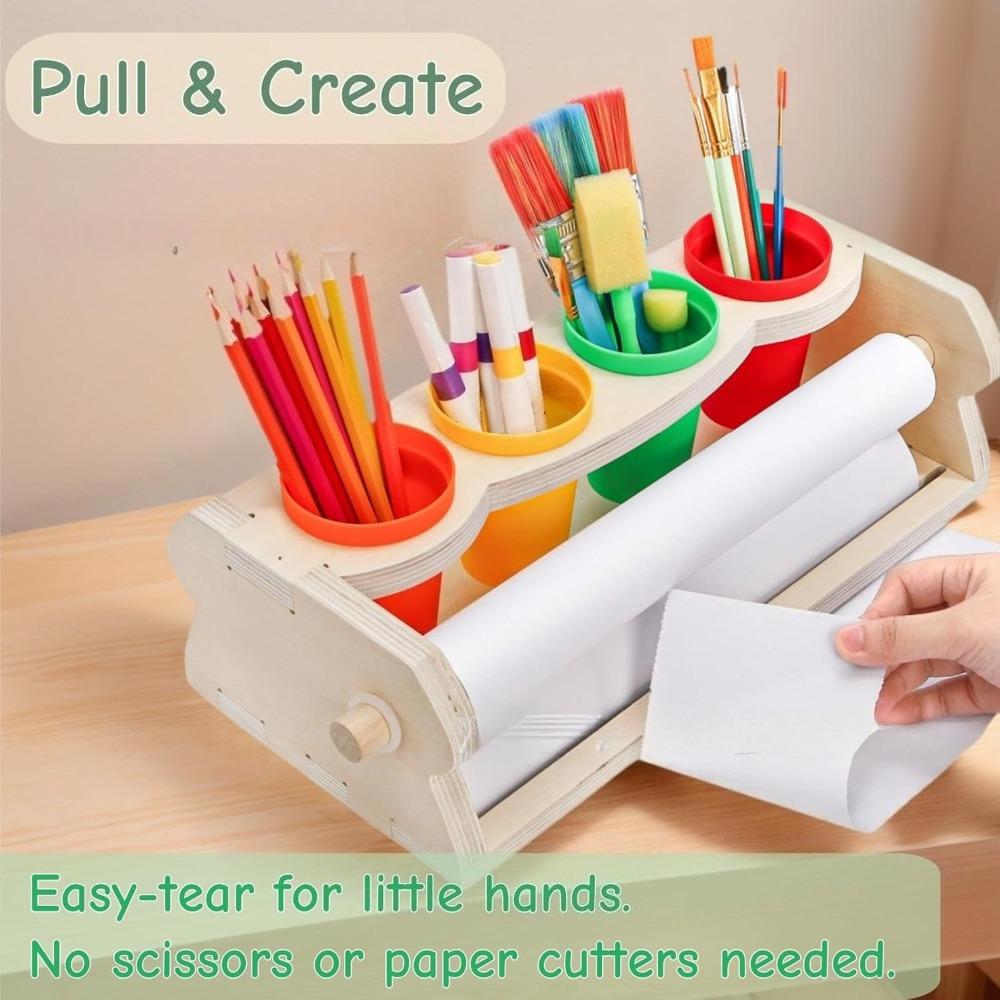 Wooden Tabletop Paper Roll Dispenser with Roll Pencil Cups Craft Art Paper Roll Holder for Kids Desktop Easel Drawing Painting