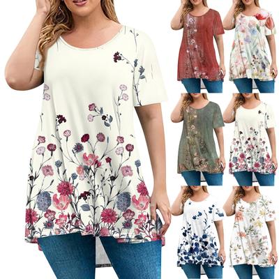 Women's Fashion Large Size Round Neck Short Sleeve Casual Print Loose Pullover Top