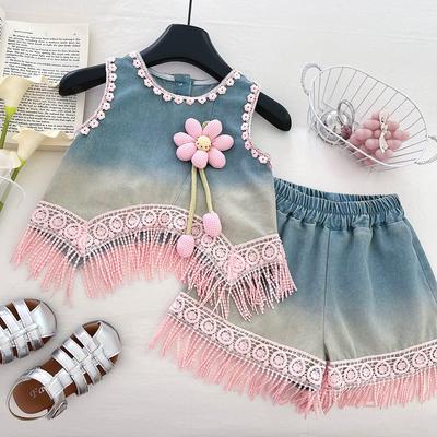 Girls Summer Outfit 2 Piece Set Sleeveless Backless Top With 3D Flower Bow And Shorts Stylish Casual Clothes For Kids