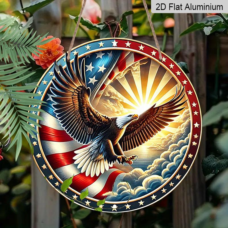 2D Flat 1pc American Flag Aluminum Metal Tin Sign, Freedom Spirit Round Aluminum Sign, Eagle Soaring 7.87X7.87 Round Aluminum Sign - Patriotic Pride