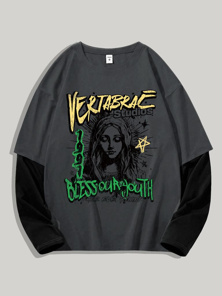 Men's Y2k Goth Shirt Graphic Oversized Long Sleeve Crewneck Tee Streetwear Tops Spring Fit