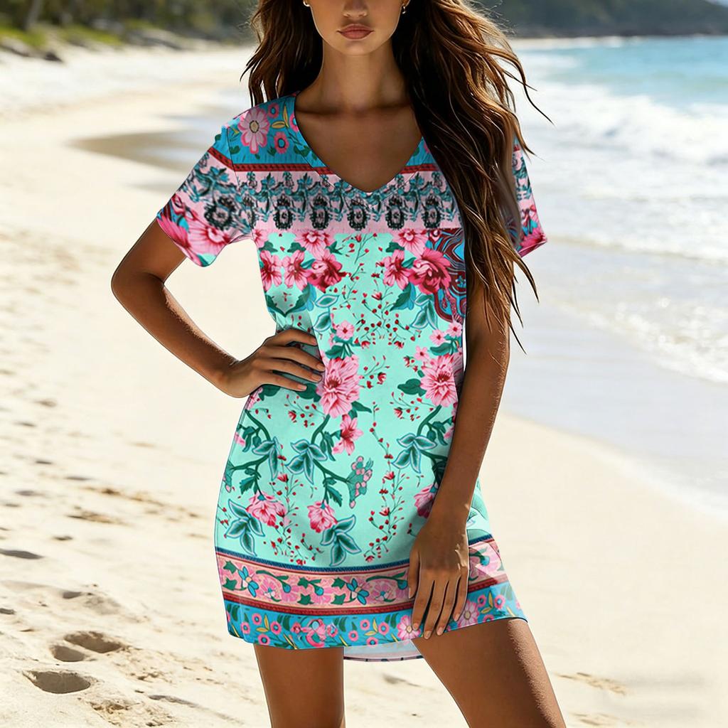 Women's Summer Fashion V Neck Short Sleeve Casual Retro Printed Dress Lightweight Comfortable Fit Versatile Style Suitable for Daily Wear