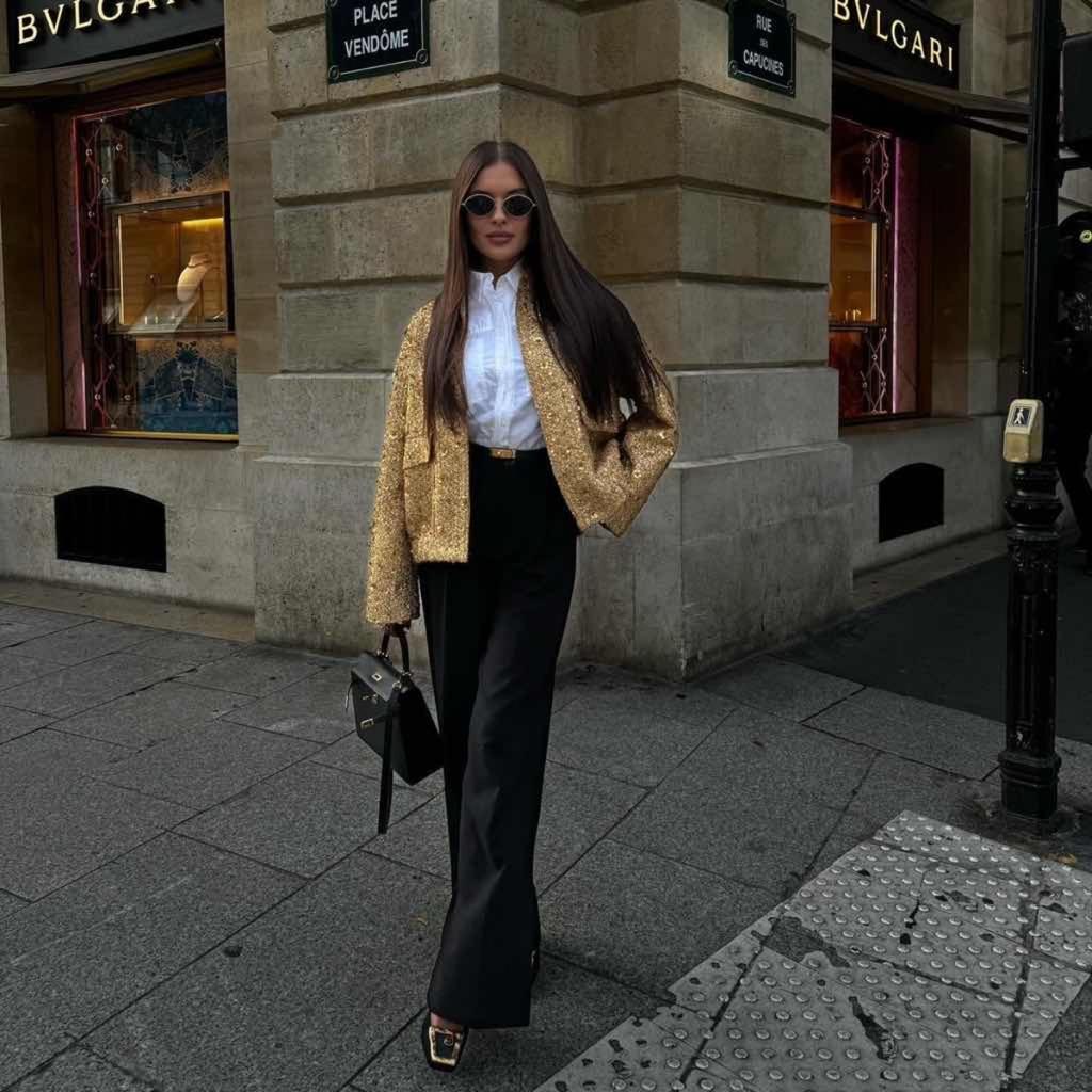 Women Shiny Sequin Jacket Y2k Gold Color Stand Collar Long Sleeve Short Coat Ladies High Streetwear