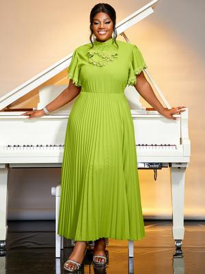 Green Elegant Pleated Midi Dresses Short Sleeve High Waist A Line Long Prom Gowns for Women