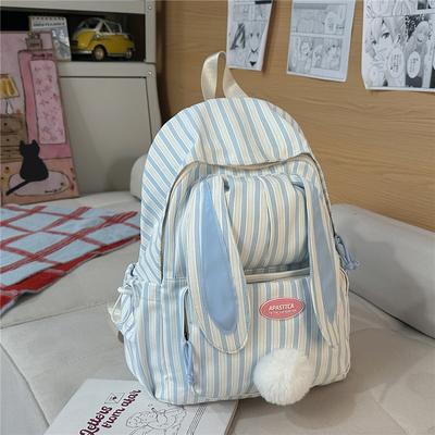 Niedlicher gestreifter Nylon-Rucksack für Damen & Teenager – Hasenohr-Design mit Pompon-Detail, perfekt für Schule und den täglichen Gebrauch