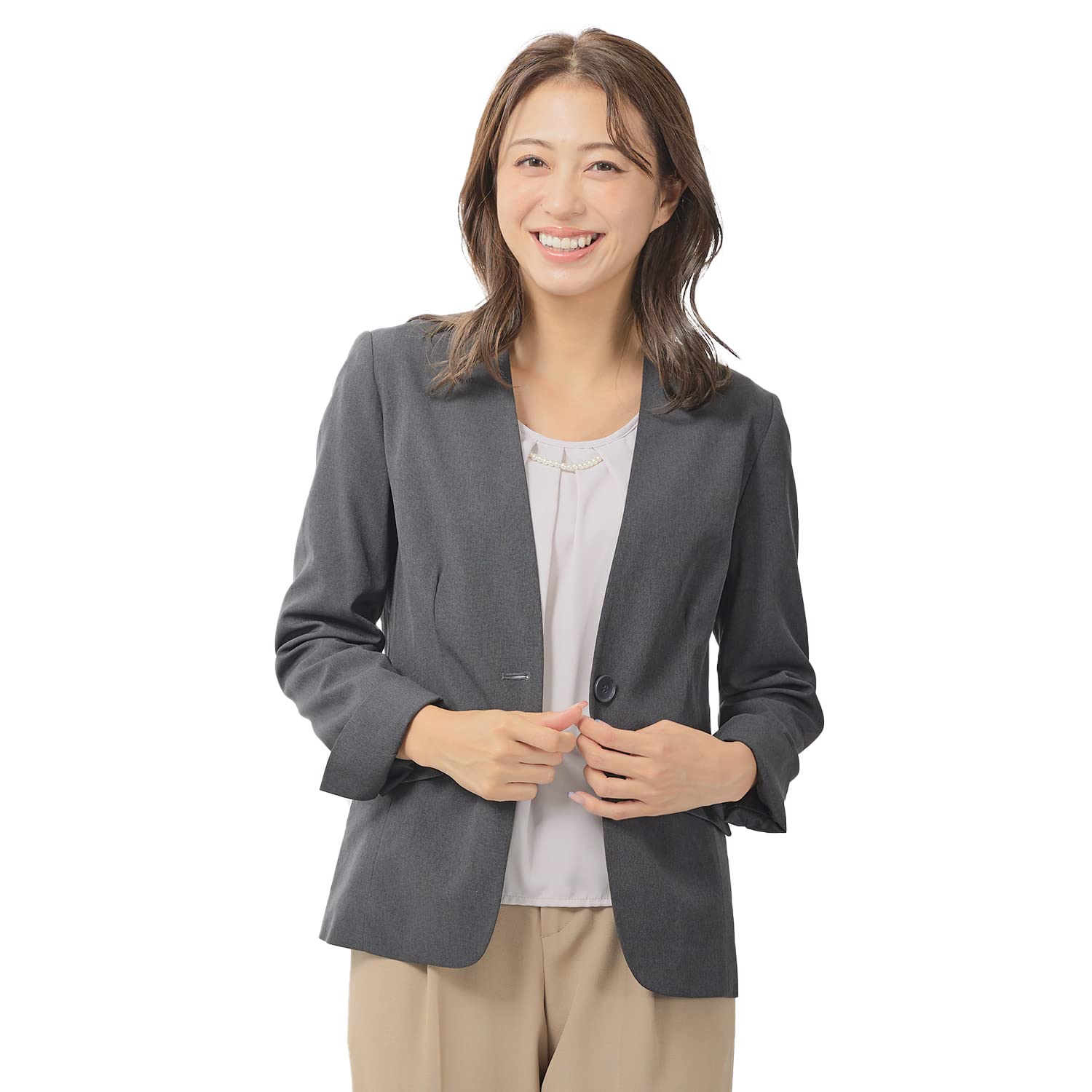 

No collar [RIRIYĀNO] jacket, women s suit, washable, S, M, L, LL, 3L, 4L, 5L, black, navy, 2502-522018 (size 9, charcoal)