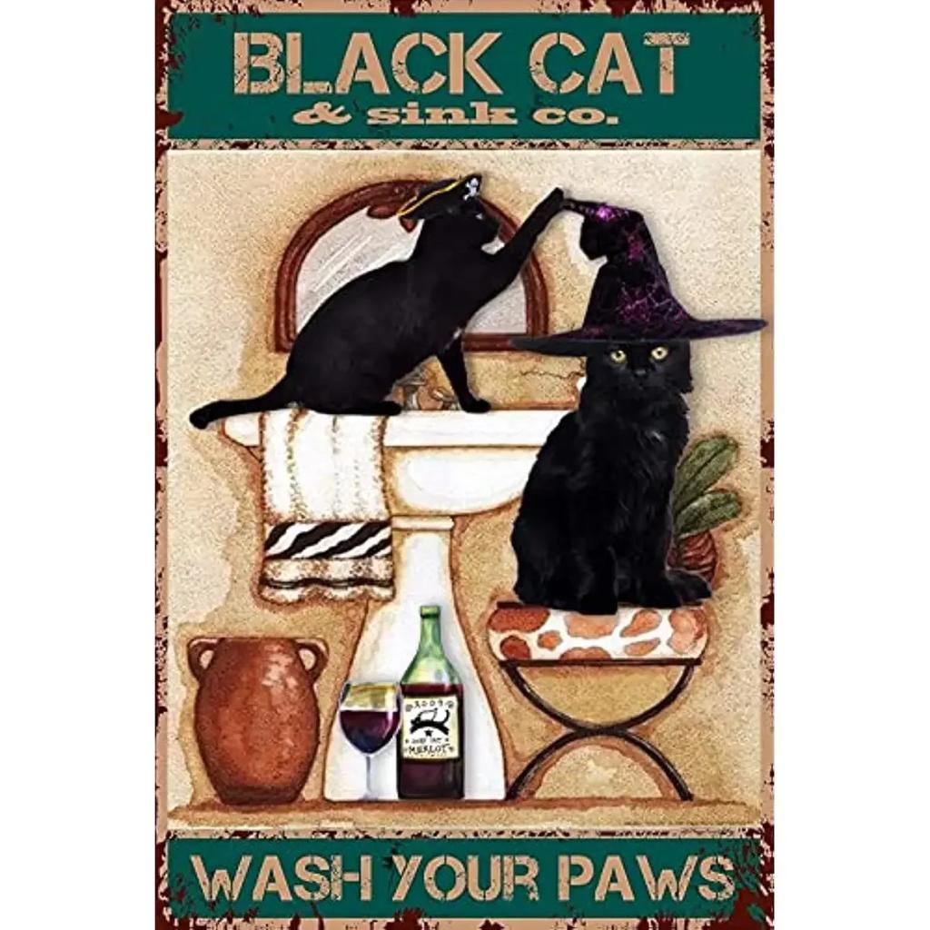 Vintage Hexe Frau Schwarze Kunst Poster Halloween Schwarze Katze Schild Metall Blechschilder Wand Heimdekor Schlafzimmer Badezimmer Raum Kaffee