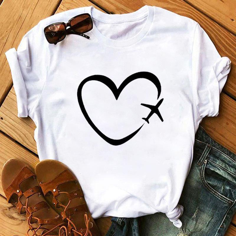 Fashion Kawaii Rose Flower Heart Graphic Women's T-Shirt Summer Loose Blouse 90S Short Sleeve O-Neck Tees Ladies White Y2K Tops