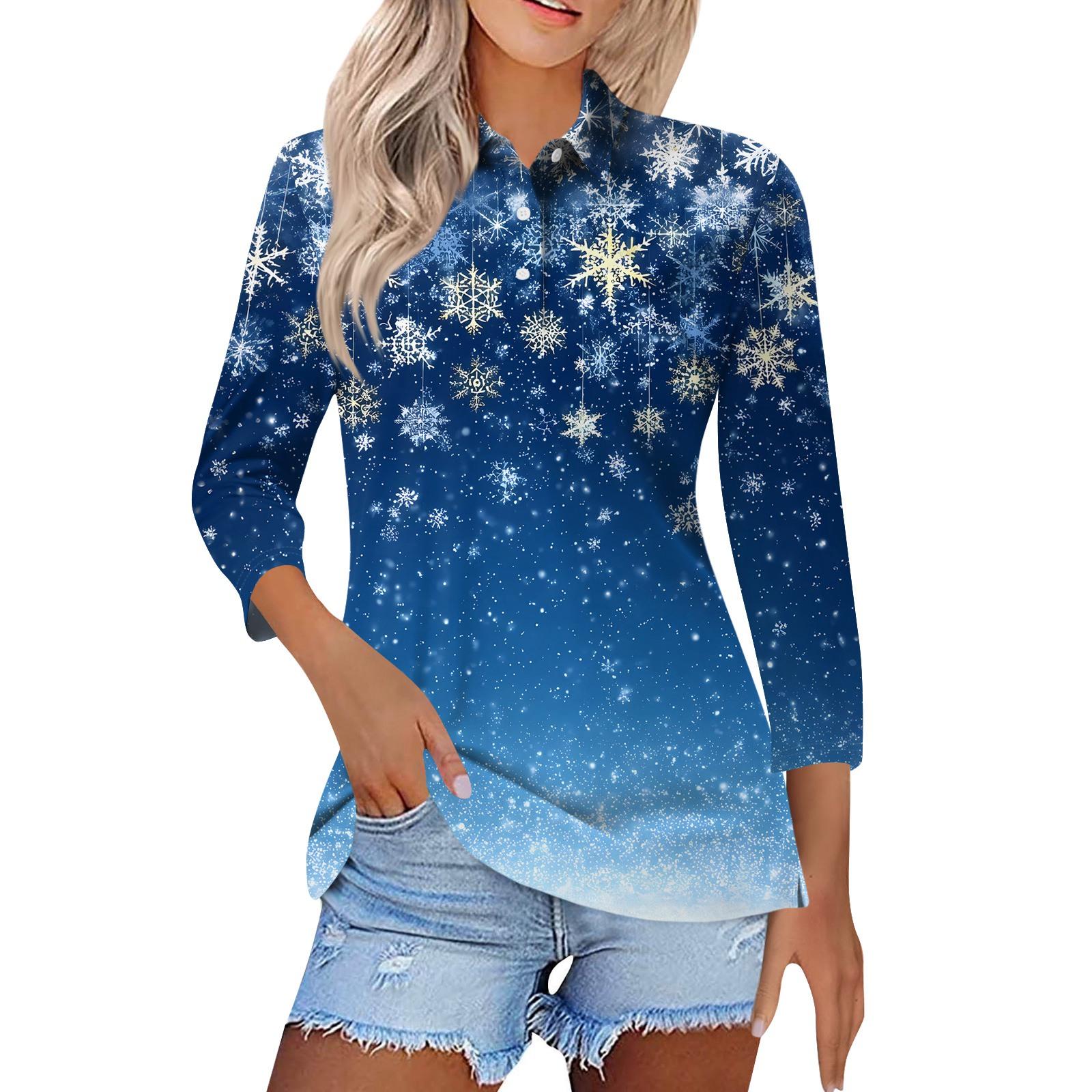 

Женская модная повседневная рубашка с коротким рукавом 4/5 и лацканами, с рождественским принтом, женские топы на пуговицах XL синий