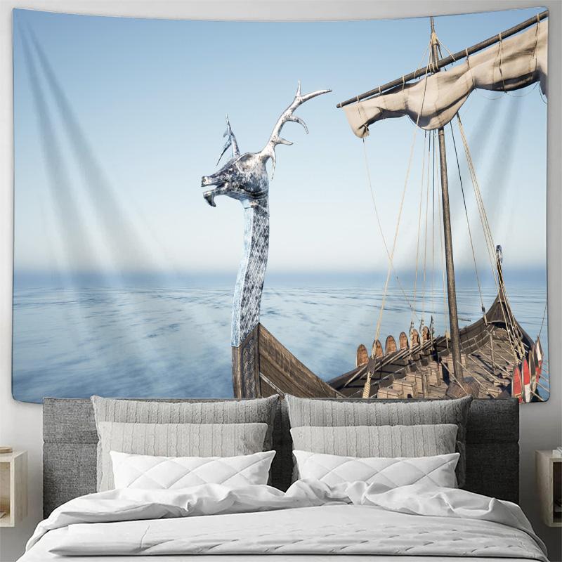 

Nordic Viking Dragon Ship Tapestry Ocean Adventure Art Decor Fabric Wall Hanging for Living Room Bedroom Modern Home Arrangement 74x94cm(29x37in)
