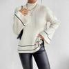Women's Mock Neck Long Sleeve Contrast Stripe Ribbed Knit Loose Pullover Sweater Autumn Casual Top