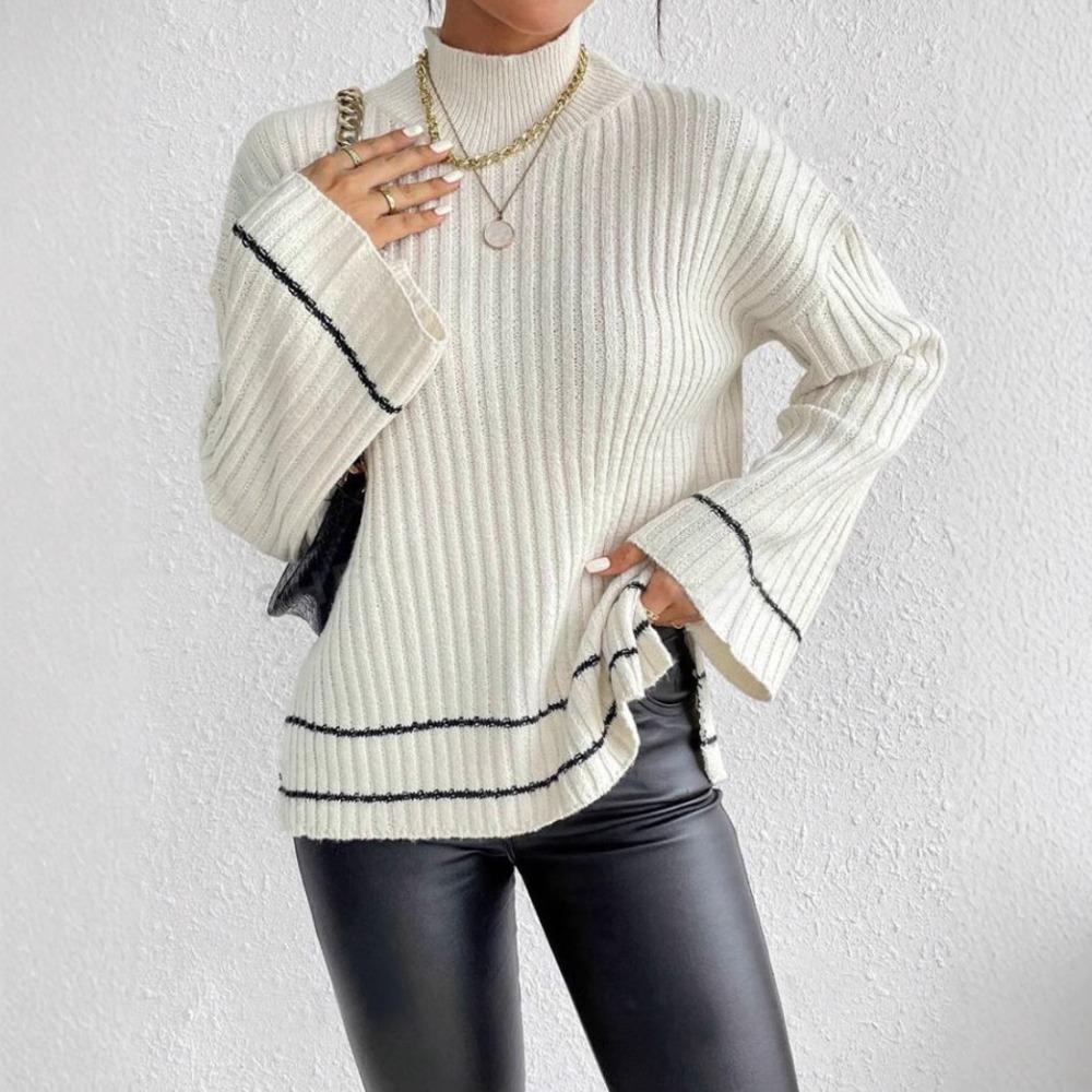 Women's Mock Neck Long Sleeve Contrast Stripe Ribbed Knit Loose Pullover Sweater Autumn Casual Top