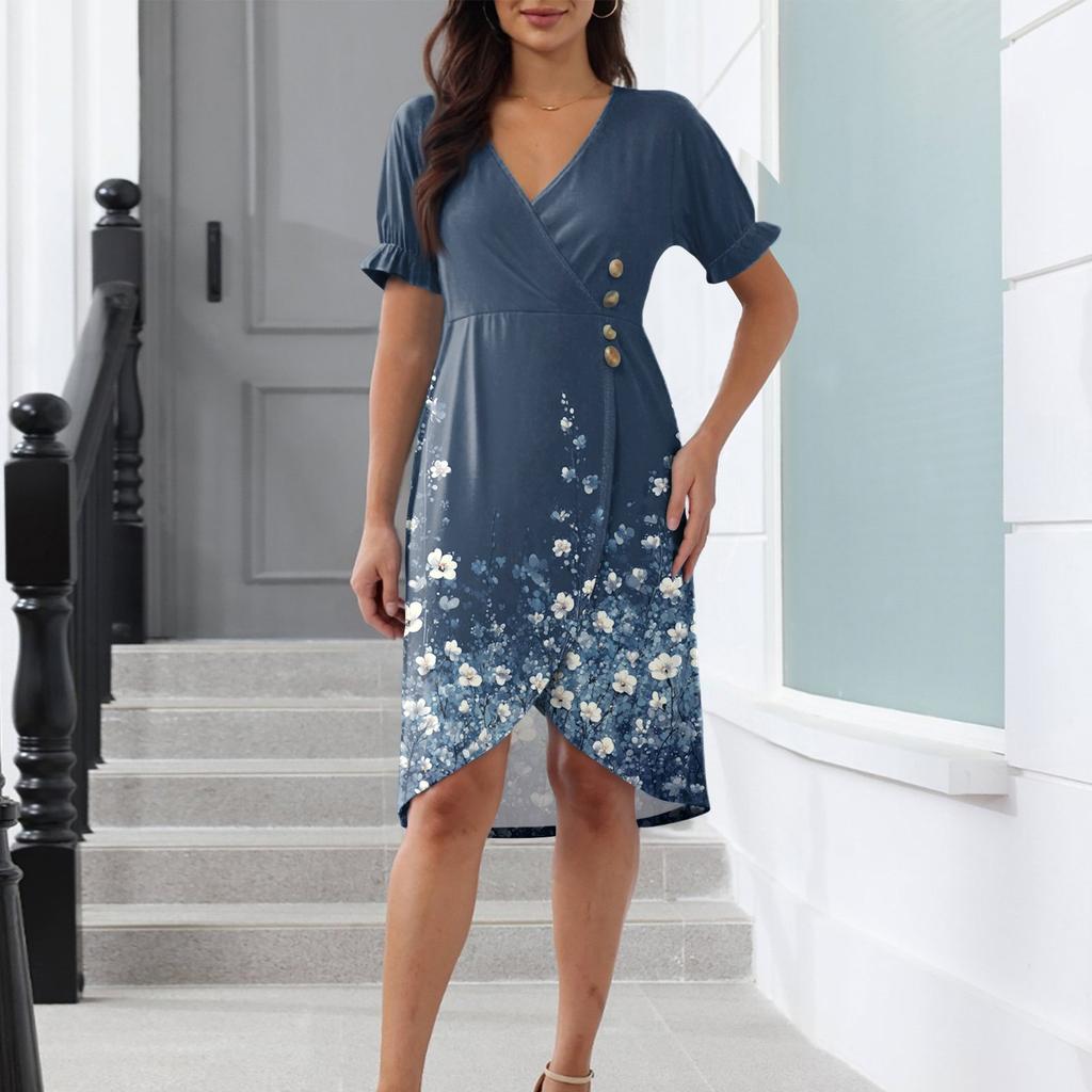 Beach Dresses For Women Spring Summer Elegant Wrap V Neck Floral Boho Dress Flowy Ruched Hawaiian Maxi Dress