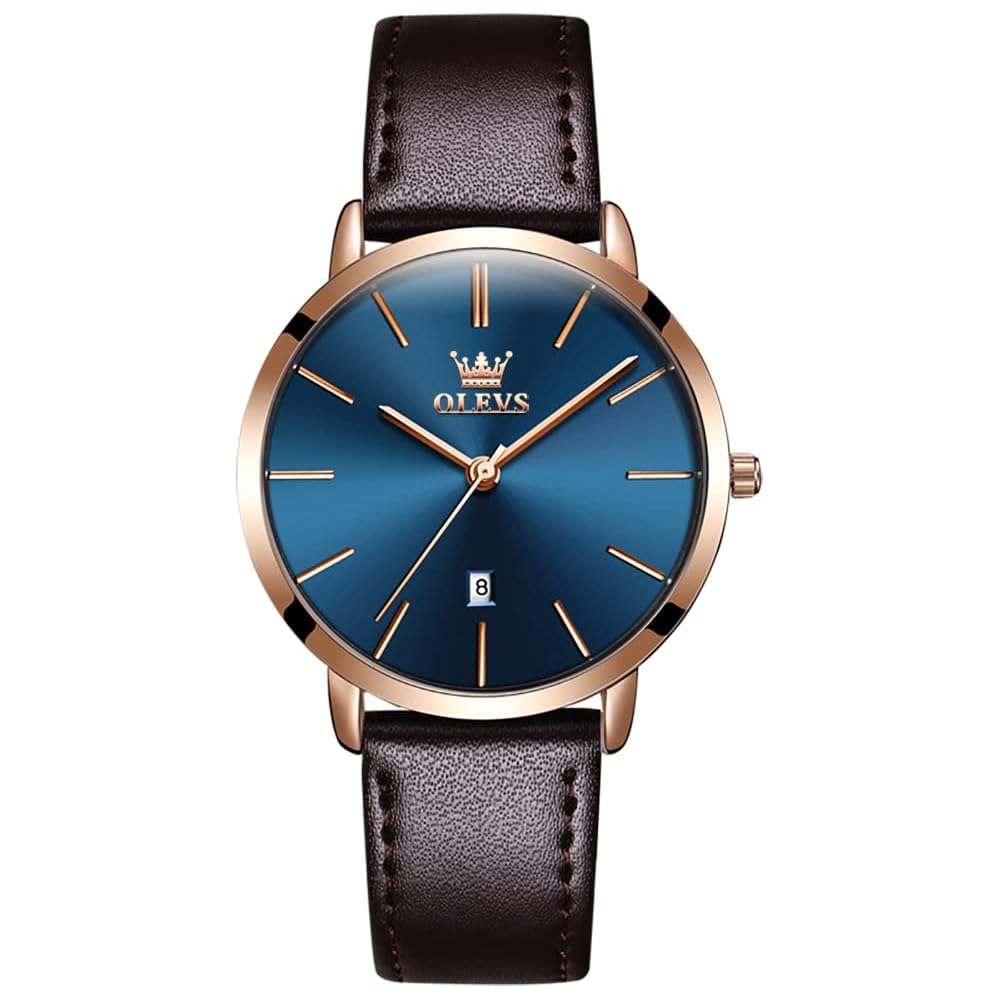 OLEVS Women s Stylish Blue Analog Watch Waterproof Ultra-Thin Leather Band Rose Gold Case