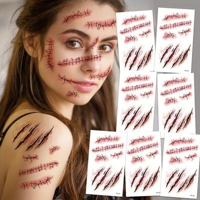 20 Sheets Halloween 3D Fake Scar Temporary Tattoos For Adults, Horror Fake Tattoos For Body Face Masquerade Prank