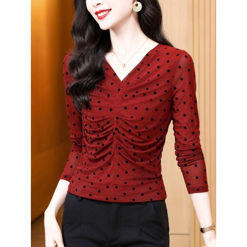 

Весенняя новинка V-образный вырез горошек темперамент плиссированная тонкая сетчатая рубашка с длинными рукавами универсальный пуловер футболка топ M красный