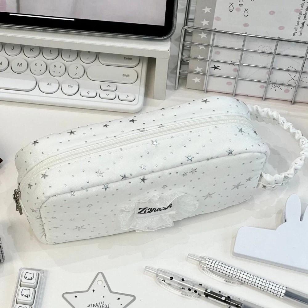 Lace Star Print Pencil Case Large Capacity Pen Bag Viewable Window Storage Pouch For Teen Girls