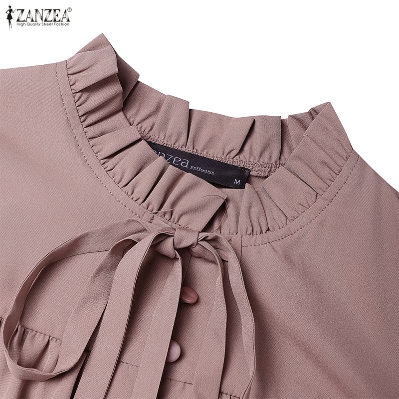 ZANZEA Women Casual Round Neck Long Sleeve Loose Long Dress