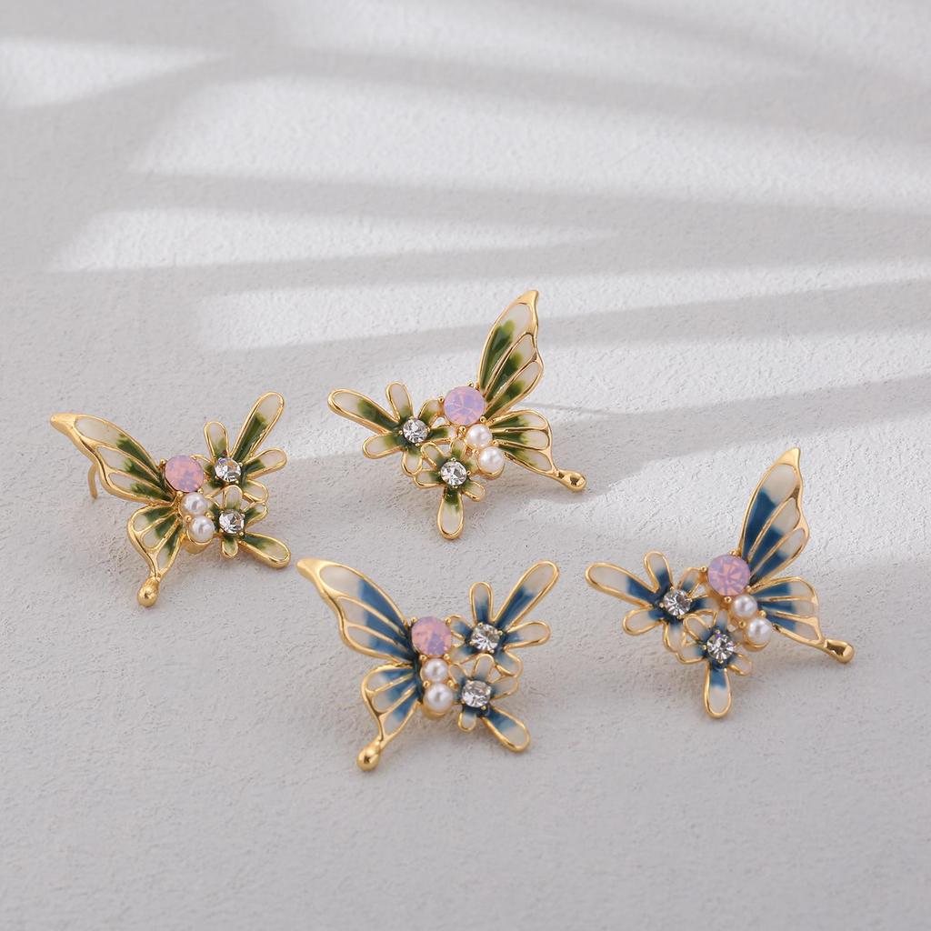 Copper Gold-Plated Enamel Butterfly Flower Cubic Zirconia Stud Earrings Vintage Style