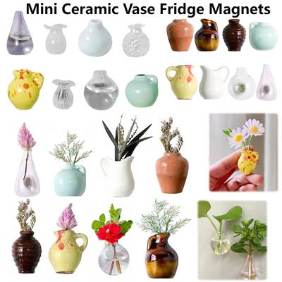 5-14pcs/Set Mini Ceramics Vase Fridge Magnets Label Mini Bonsai Magnet Button Potted Simulation Flower Vase Refrigerator Message