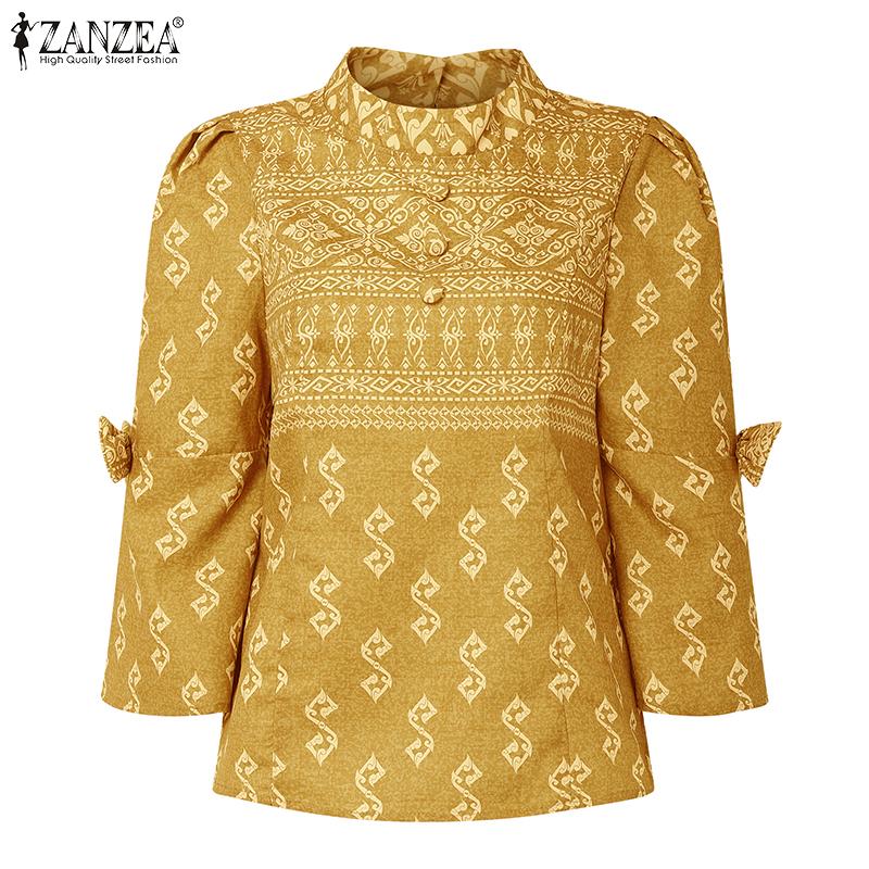 ZANZEA Women Casual Round Neck Ethnic Print 3/4 Sleeve Blouse