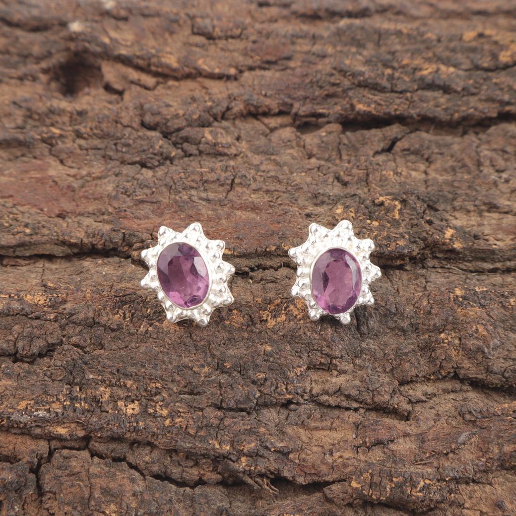 925 Sterling Silver Jewelry Amethyst Gemstone Handmade Earrings 0.54" For Gift EE-151-6