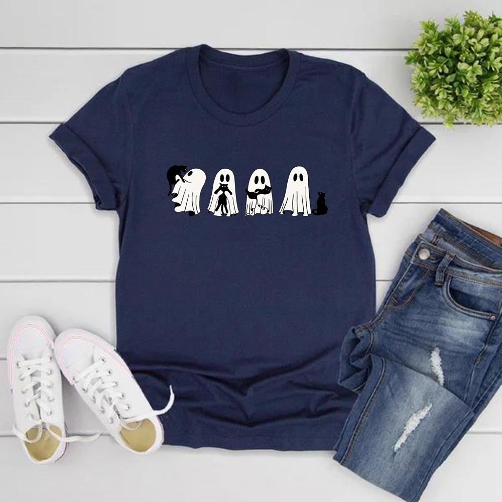 Halloween Black Cat and Ghost Tshirt Halloween Ghost Tshirt Spooky Season Cat Tee Cute Women Graphic T Shirts Halloween Gift