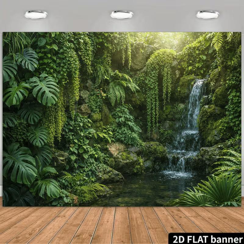 

2D Tropical Jungle Backdrop Waterfall Green Leaves Photography Background 47.2x31.5inch/120*80cm