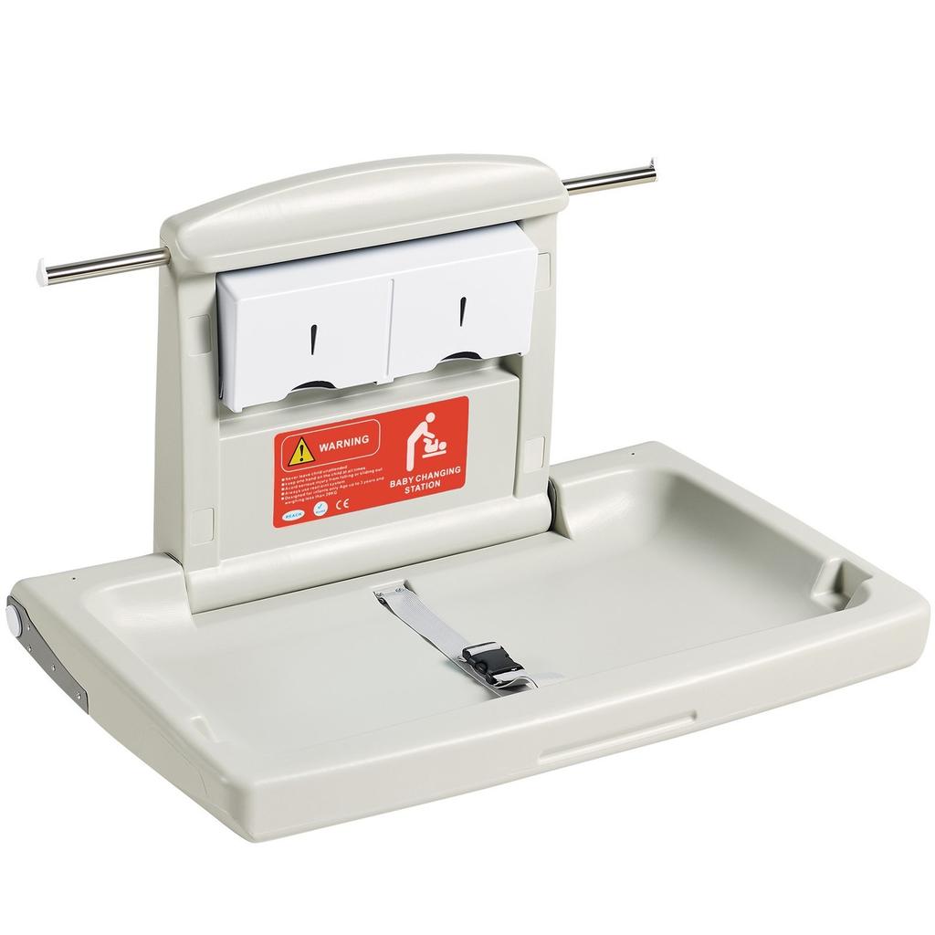 Wall-Mounted Baby Changing Station, Horizontal Foldable Diaper Change Table with Safety Straps and Hanging Rods, Use in Commercial Bathrooms, Daycare