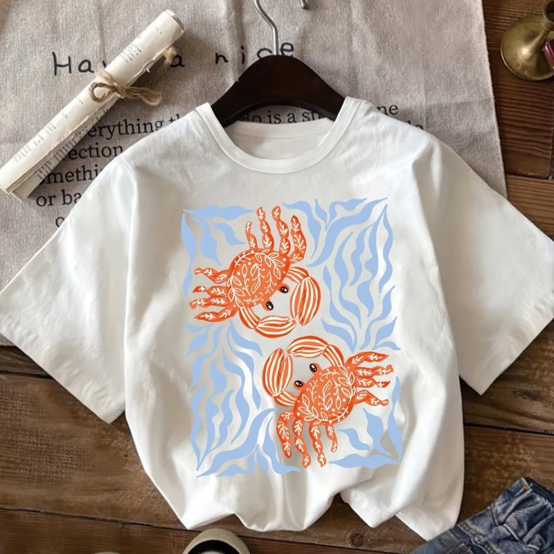 Kids Crewneck T-Shirt, Retro Crab & Seaweed Print Spring Summer Casual Short Sleeve Tee 110 белый