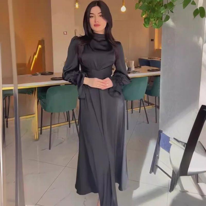 Waist Up Dress2024 Spring and Autumn European and American Women Clothes Satin Long Sleeve Temperament Elegant Waist Hugging Big Hemline Dress
