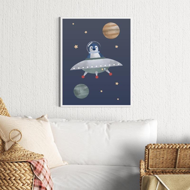 Arte da Parete per Cameretta Galassia Cartone Animato Avventura Spaziale Razzo Astronauta Balena Pianeti Stampa su Tela Spazio Esterno a Tema Decorazione per Stanza dei Bambini