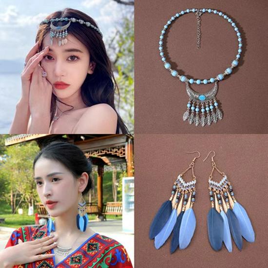 Böhmisches Retro Halsketten- & Ohrring-Set: Ethnischer Stirnschmuck im tibetischen Stil