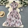 Summer Women Vintage Print Short Sleeve Turn-down Collar Single Breasted Long Midi Party Shirt Dresses with Belt
