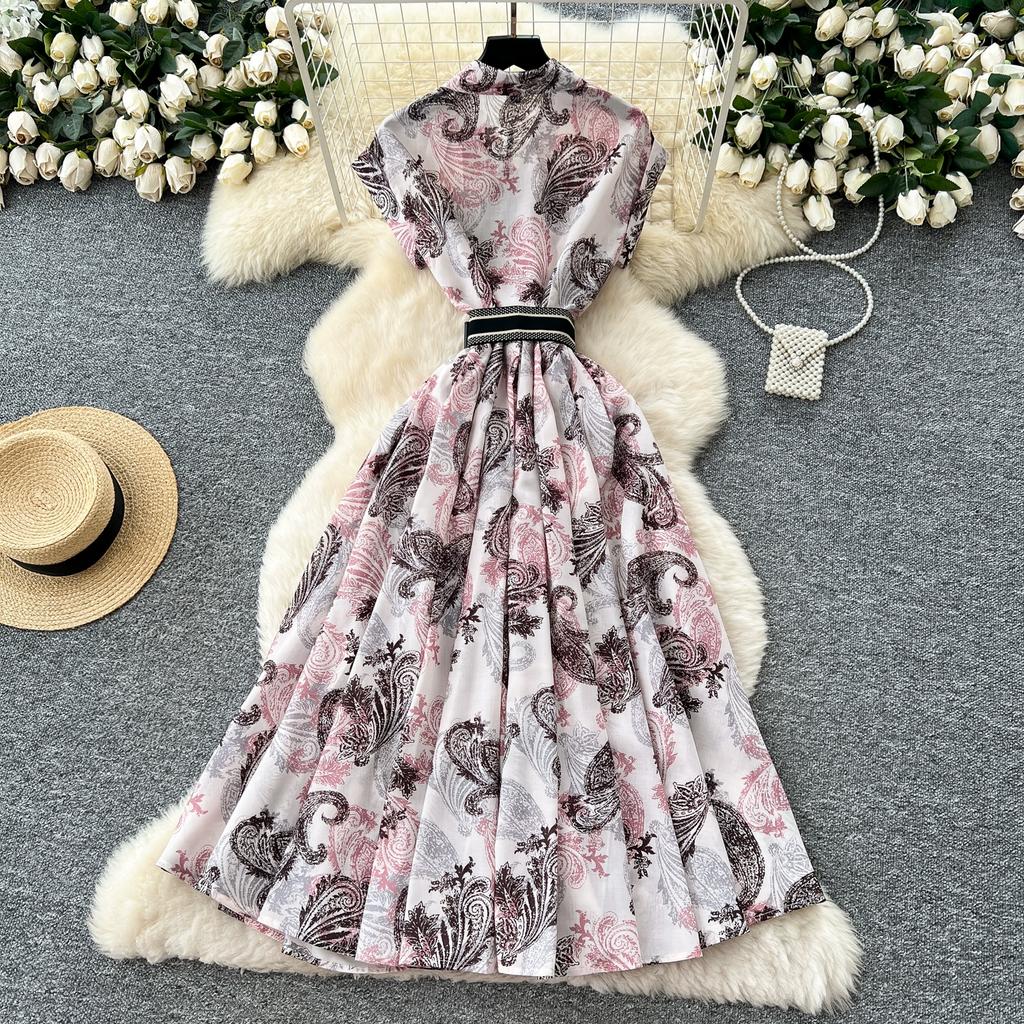 Summer Women Vintage Print Short Sleeve Turn-down Collar Single Breasted Long Midi Party Shirt Dresses with Belt