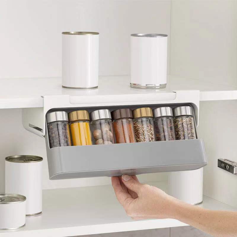 Organizer per spezie autoadesivo da parete sotto la mensola della cucina, portaoggetti per bottiglie di spezie, portaoggetti per la cucina di casa, disponibile in magazzino