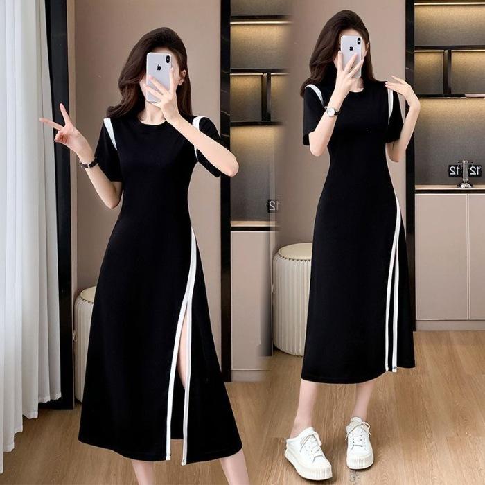 Large size women s clothing slim medium and long skirt summer daily commuting temperament women s clothing round neck split waist dress women M