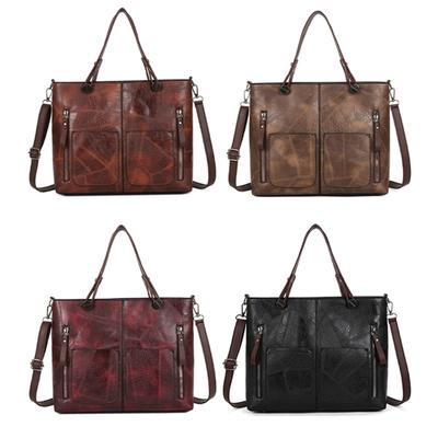 Womens Vintage PU Leather Double Pocket Handbag with Top Handle Solid Color Large Capacity Crossbody Shoulder Bag Purse