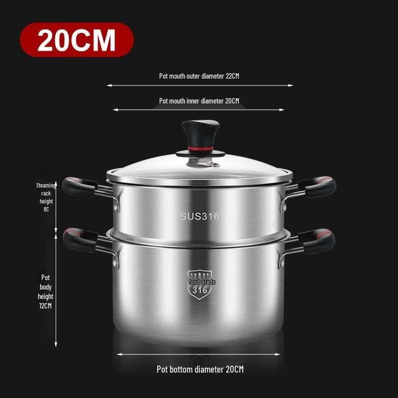 HANDUNYOU 316 Stainless Steel Soup Pot with Steamer, 20CM