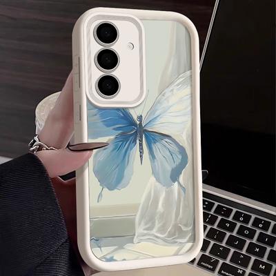 Samsung S24 S23 Ultra S22 Plus S21 FE S20 A54 A53 A35 A34 A14 Kapak Mavi Kelebek Desen Mat Silikon Darbeye Dayanıklı Yumuşak Telefon Kılıfı