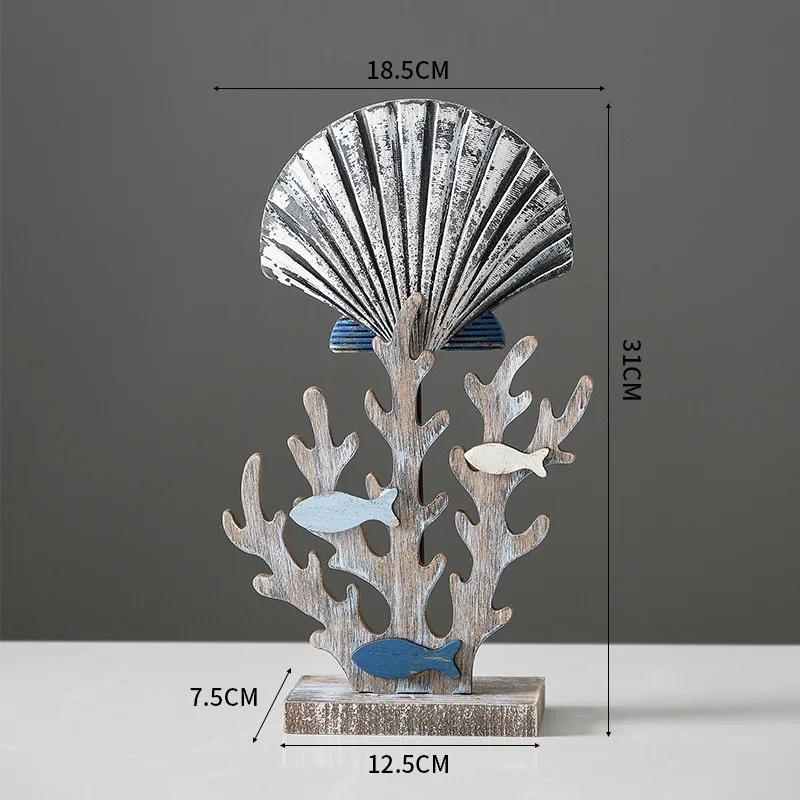 Mediterranean Wood Fish Coral Statue Shell Miniature,Ocean Animal Crafts Ornaments Living Room Children's Bedroom Decoration