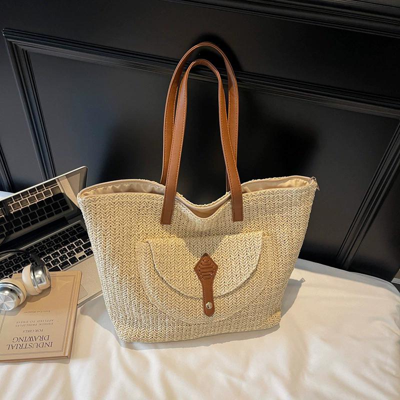 

Yogodlns Women s Woven Straw Tote Bag Leather Patchwork Decor Large Capacity Casual Daily Beach Vacation Shoulder Handbag 46x16x30cm бежевый