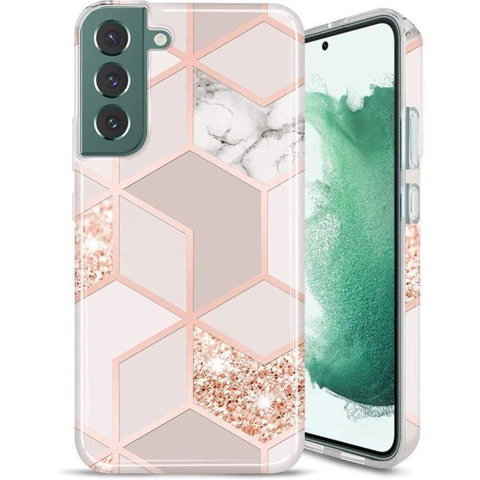 Coque de Protection - Booling - pour Samsung Galaxy S22 - Cordon Rose - Motif Marbre - Semi-rigide