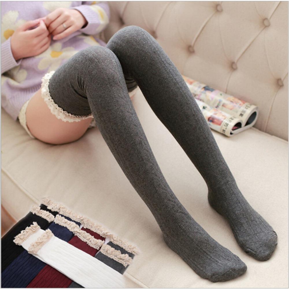 W156 Japanese Lace Knee Socks Thigh Socks Women's College Wind Twist Vertical Strip Cotton Stockings High Stockings